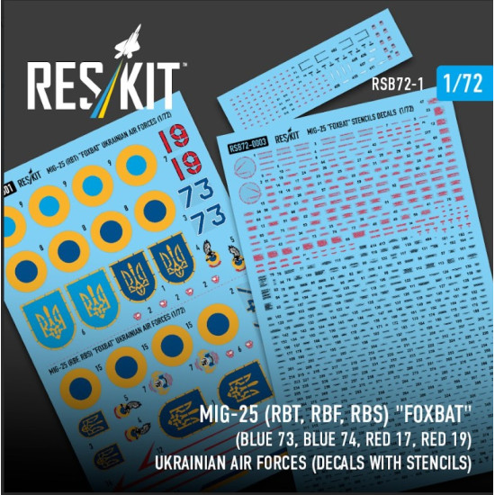 Reskit Rsb72-0001 1/72 Mig-25 Rbt Rbf Rbs Foxbat Blue 73 Blue 74 Red 17 Red 19 Ukrainian Air Forces Decals With Stencils