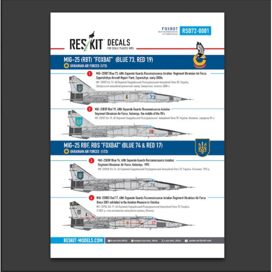Reskit Rsb72-0001 1/72 Mig-25 Rbt Rbf Rbs Foxbat Blue 73 Blue 74 Red 17 Red 19 Ukrainian Air Forces Decals With Stencils