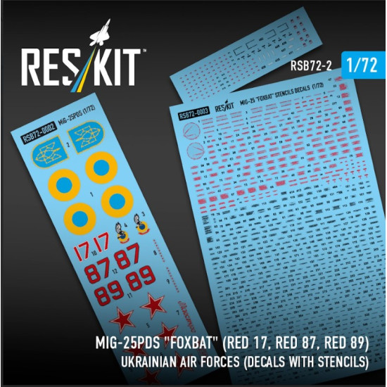 Reskit Rsb72-0002 1/72 Mig-25pds Foxbat Red 17 Red 87 Red 89 Ukrainian Air Forces Decals With Stencils