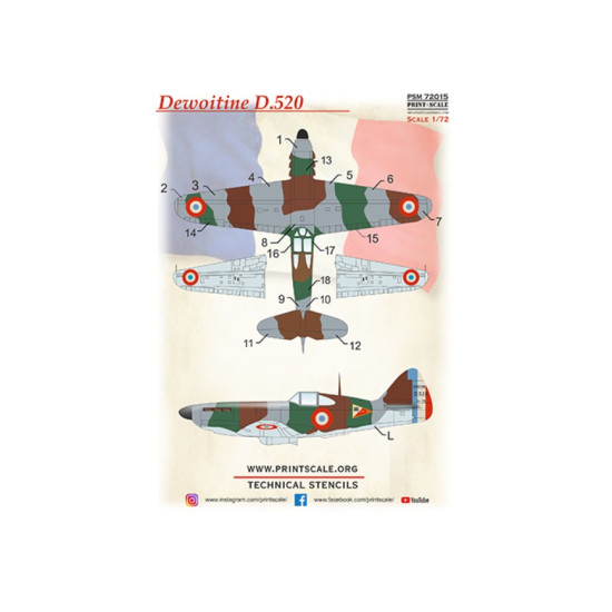 Print Scale Psm72015 1/72 Dewoitine D 520 Mask Decal W
