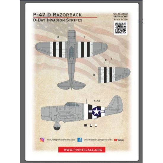 Print Scale Prs144-025 1/144 P-47d Razorback. D-day Invasion Stripes Decal For Aircraft