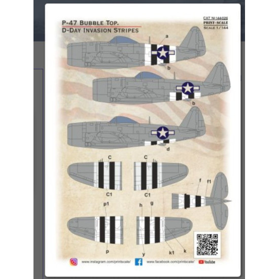 Print Scale Prs144-026 1/144 P-47 Bubble Top D-day Invasion Stripes Decal For Aircraft