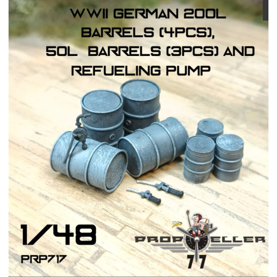 77propeller Prp717 1/48 Set Wwii German 200l Barrels 4pcs 50l Barrels 3pcs And Refueling Pump