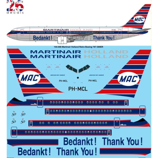 26decals 144-406 1/144 Martinair Retro Boeing 767-300 Laser Decal