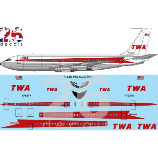 26decals 144-483 1/144 Twa Boeing 720b Laser Decal