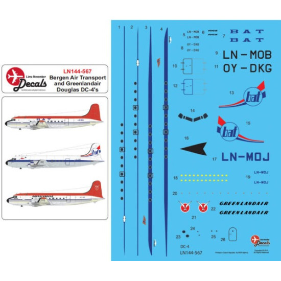 Lima November Decals 144-567 1/144 Bergen Air Transport/Bat And Greenlandair Dc-4