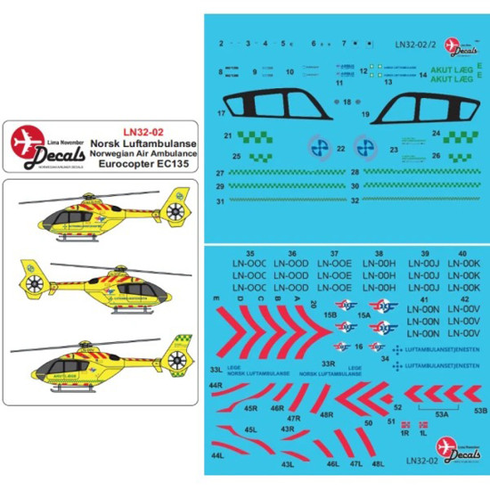 Lima November Decals 32-02 1/32 Norwegian Air Ambulanse Ec135 New Cs
