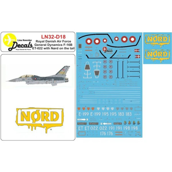 Lima November Decals 32-d18 1/32 Rdaf F-16b With Nord On Tail