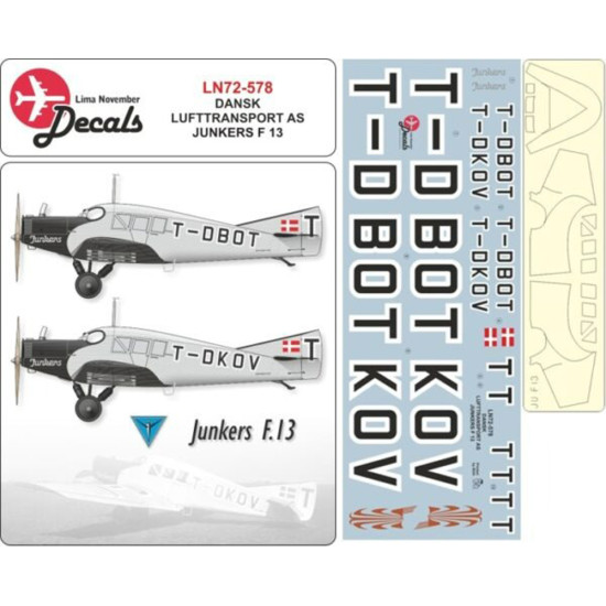 Lima November Decals 72-578 1/72 Dansk Lufttransport Junkers F.13 With Masks