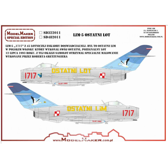 Model Maker Sd322011 1/32 Lim-5 Ostatni Lot Last Flight Decal For Aircraft