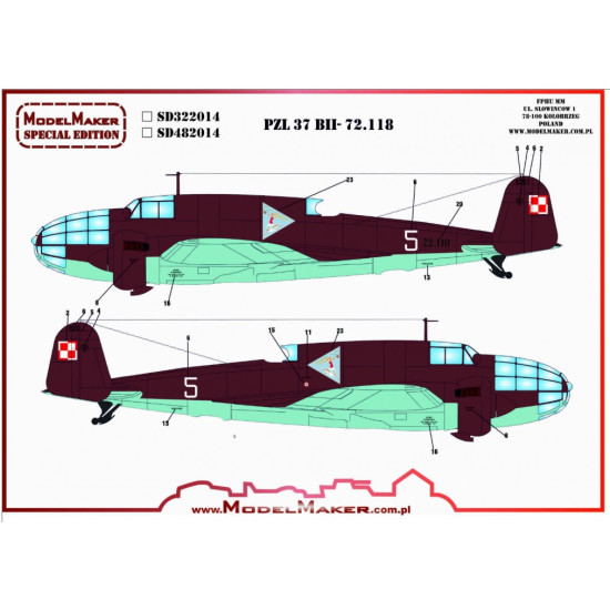 Model Maker Sd482014 1/48 Pzl-37 Bii- 72.118 Decal For Aircraft