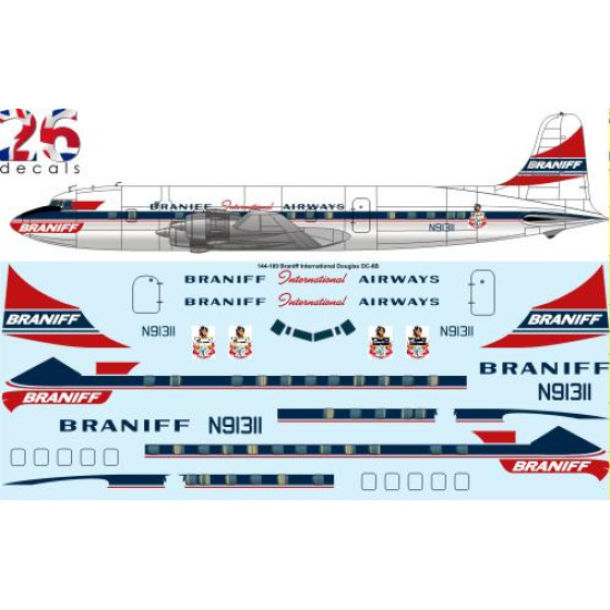 26decals 144-189 1/144 Braniff Douglas Dc-6b Laser Decal For Aircraft
