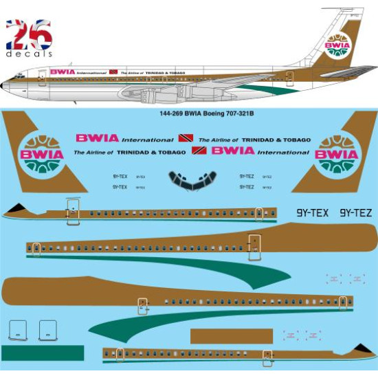 26decals 144-269 1/144 Bwia Boeing 707-320b Laser Decal For Aircraft