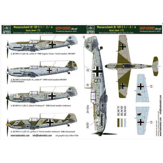 Hadmodels Dw-72015 1/72 Messerschmitt Bf 109 E-1 E-2 E-3 Dry-water Decal Sheet
