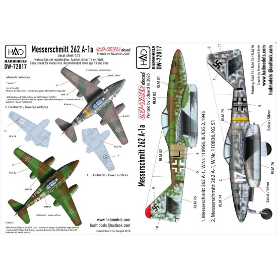 Hadmodels Dw-72017 1/72 Messerschmitt Me 262 A-1 Luftwaffe Black L White 17 Dry-water Decal Sheet