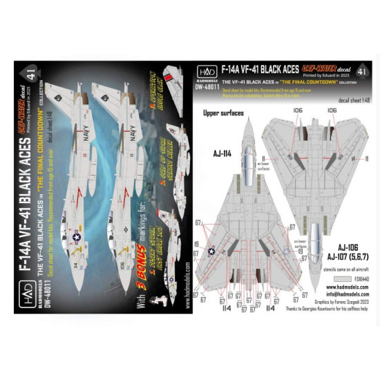 Hadmodels Dw-48011 1/48 F-14a Vf-41 Black Aces Decal Sheet The Final Countdown Dry-water Decal Sheet