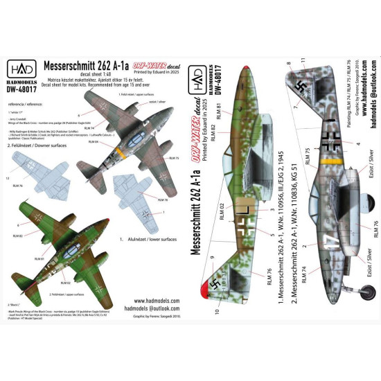 Hadmodels Dw-48017 1/48 Messerschmitt Me 262 A-1 Luftwaffe Black L White 17 Dry-water Decal Sheet