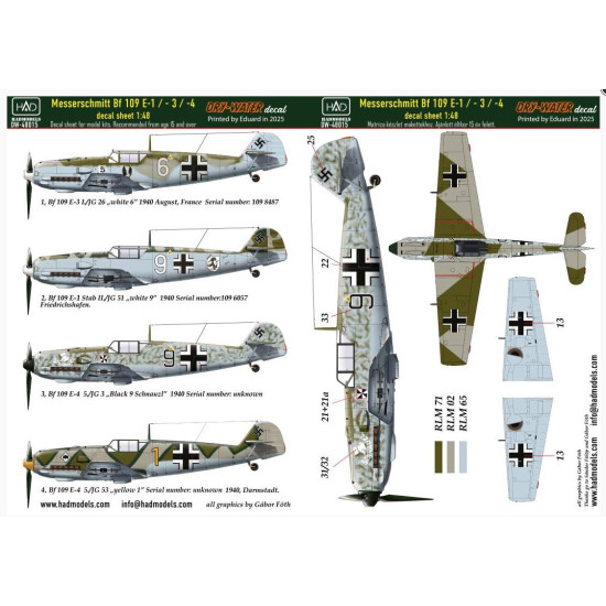 Hadmodels Dw-48015 1/48 Messerschmitt Bf 109 E-1 E-2 E-3 Dry-water Decal Sheet