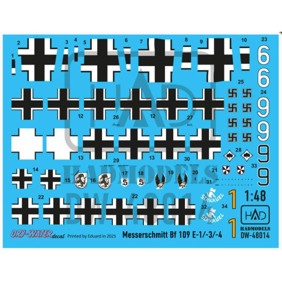Hadmodels Dw-48015 1/48 Messerschmitt Bf 109 E-1 E-2 E-3 Dry-water Decal Sheet