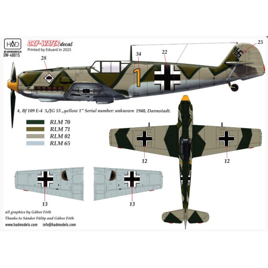Hadmodels Dw-48015 1/48 Messerschmitt Bf 109 E-1 E-2 E-3 Dry-water Decal Sheet