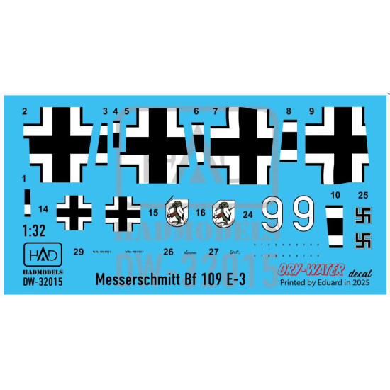 Hadmodels Dw-32015 1/32 Messerschmitt Bf 109 E-1 White 9 Dry-water Decal Sheet