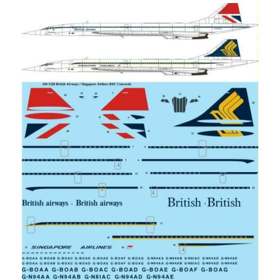 26decals 144-1328 1/144 British Airways / Singapore Airlines Bac Concorde Laser Decal