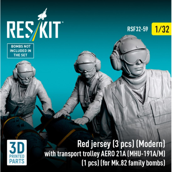 Reskit Rsf32-0059 1/32 Red Jersey 3 Pcs Modern With Transport Trolley Aero 21a Mhu-191a/M 1 Pcs For Mk 82 Family Bombs 3d Printed