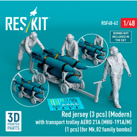 Reskit Rsf48-0062 1/48 Red Jersey 3 Pcs Modern With Transport Trolley Aero 21a Mhu-191a/M 1 Pcs For Mk 82 Family Bombs 3d Printed