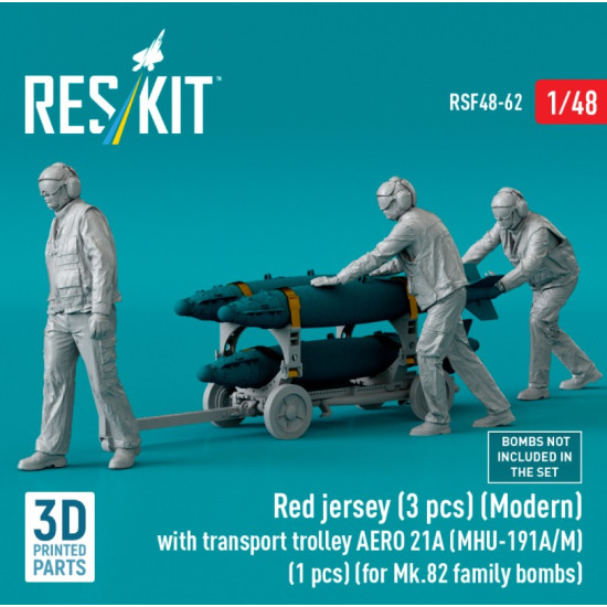 Reskit Rsf48-0062 1/48 Red Jersey 3 Pcs Modern With Transport Trolley Aero 21a Mhu-191a/M 1 Pcs For Mk 82 Family Bombs 3d Printed