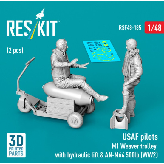 Reskit Rsf48-0185 1/48 Usaf Pilots 2 Pcs M1 Weaver Trolley With Hydraulic Lift An-m64 500lb Ww2 3d Printed