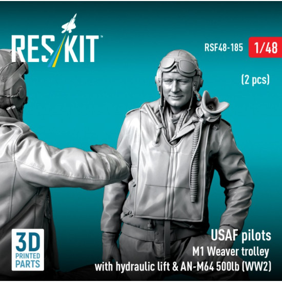 Reskit Rsf48-0185 1/48 Usaf Pilots 2 Pcs M1 Weaver Trolley With Hydraulic Lift An-m64 500lb Ww2 3d Printed