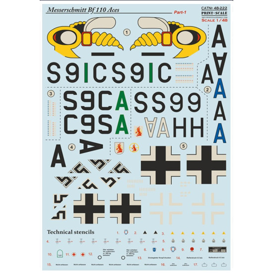 Print Scale 48-222 1/48 Decal For Messerschmitt Bf-110 Zerstorer Part 1