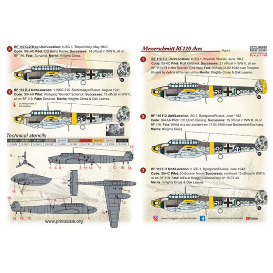 Print Scale 48-222 1/48 Decal For Messerschmitt Bf-110 Zerstorer Part 1