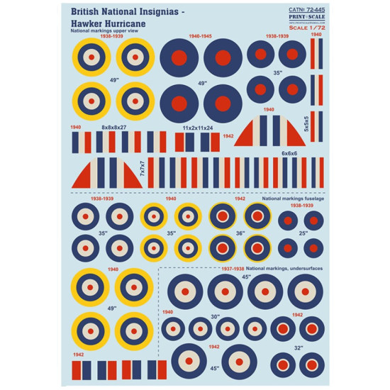 Print Scale 72-445 1/72 Decal For British National Insignia. Hawker Hurricane The Complete Set 1 5 Leaf