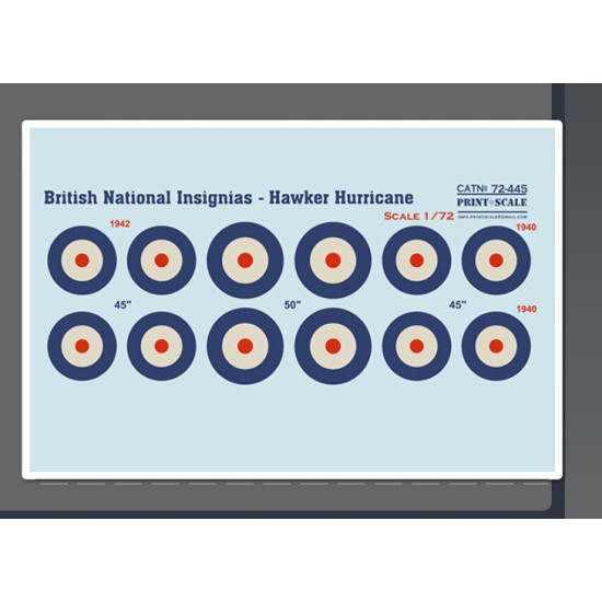 Print Scale 72-445 1/72 Decal For British National Insignia. Hawker Hurricane The Complete Set 1 5 Leaf