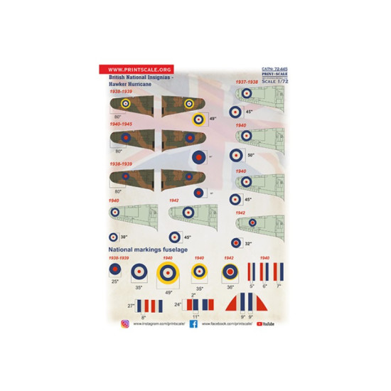 Print Scale 72-445 1/72 Decal For British National Insignia. Hawker Hurricane The Complete Set 1 5 Leaf