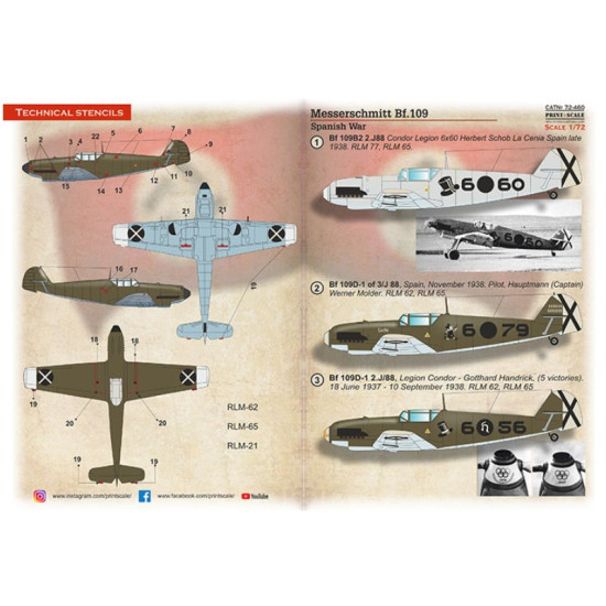 Print Scale 72-460 1/72 Decal For Bf-109 Messerschmitt In Spanish War