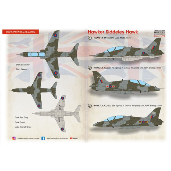 Print Scale 72-493 1/72 Decal For Hawker Siddeley Hawk