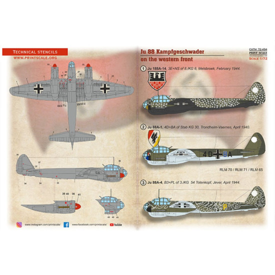 Print Scale 72-494 1/72 Decal For Ju-88 Western Front The Complete Set 1/5 Leaf
