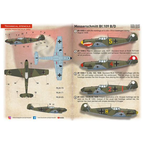 Print Scale 72-497 1/72 Decal For Bf-109 Messerschmitt B/D