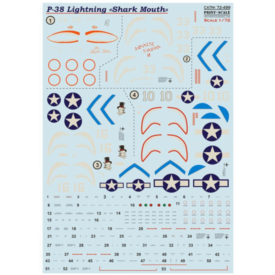 Print Scale 72-499 1/72 Decal For P-38 Lightning Shark Mouth