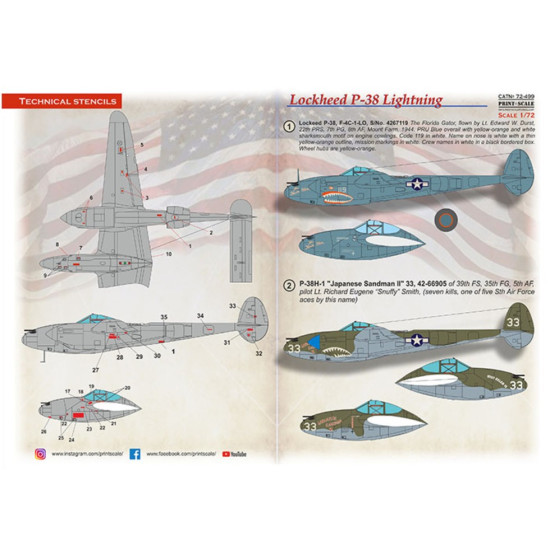 Print Scale 72-499 1/72 Decal For P-38 Lightning Shark Mouth