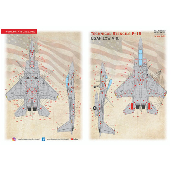 Print Scale 72-523 1/72 Decal For F-15 Technical Stecils Low Vis