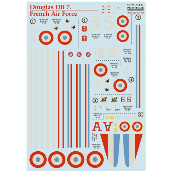 Print Scale 72-537 1/72 Decal For Douglas Db-7 French Air Force