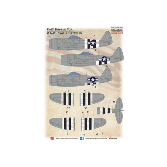Print Scale 72-543 1/72 Decal For P-47 Bubble Top D-day Invasion Stripes