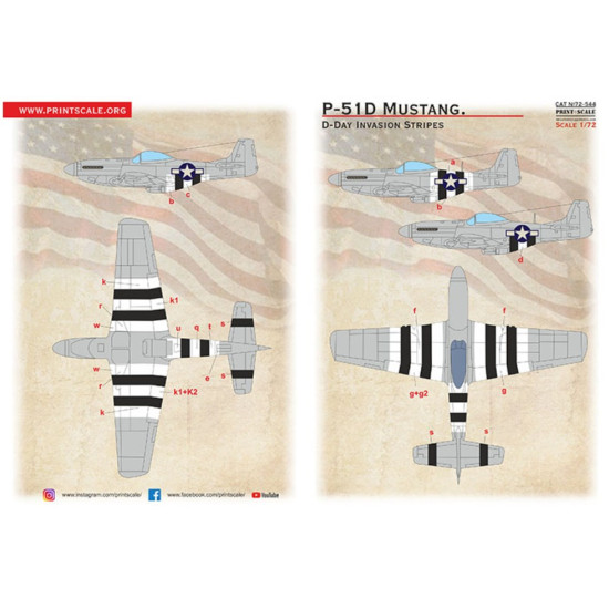 Print Scale 72-544 1/72 Decal For P-51d D-day Invasion Stripes