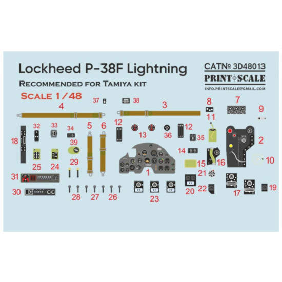 Print Scale Prs3d48-013 1/48 Lockheed P-38f Lightning 3D decal Instrument Panel