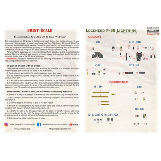 Print Scale Prs3d48-013 1/48 Lockheed P-38f Lightning 3D decal Instrument Panel
