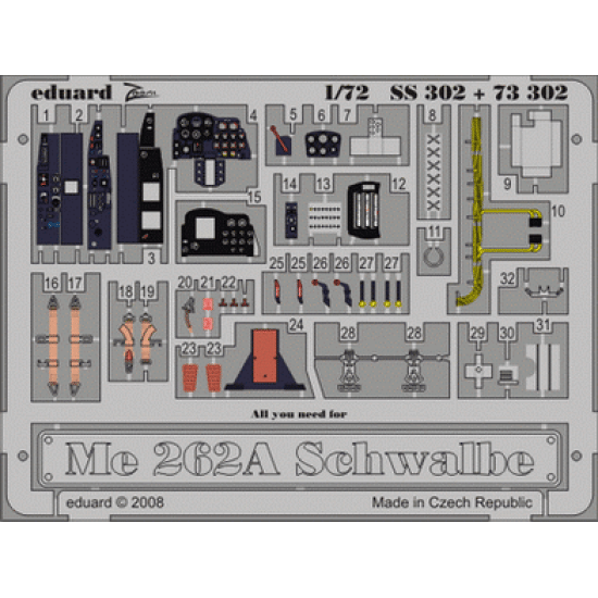 Photoetched set Me 262A Schwalbe Color, for Academy kit 1/72 EDUARD EDU-SS302