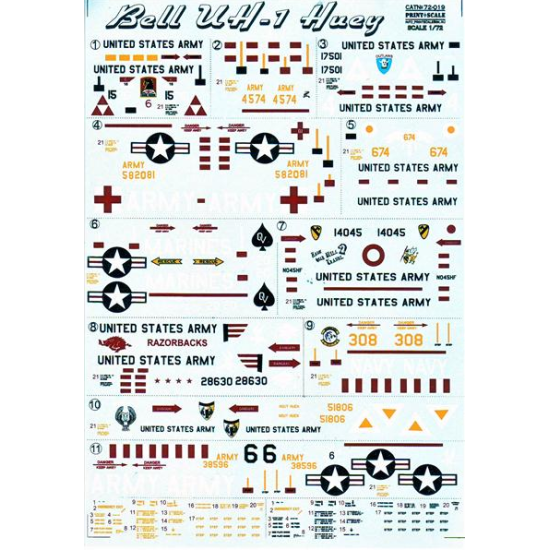 DECAL 1/72 FOR BELL UH-1 HUEY 1/72 PRINT SCALE 72-019 DECAL 1/72 FOR BELL UH-1 HUEY 1/72 PRINT SCALE 72-019